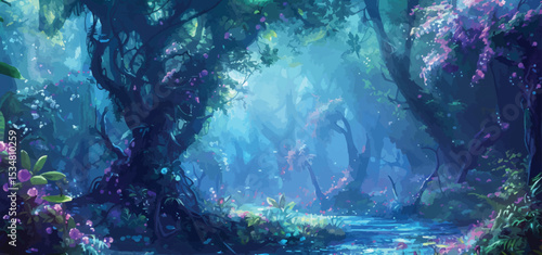 Magical enchanted forest in the night, with trees and luminescent plants