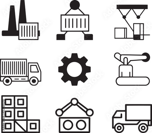 Industrial and Logistics Icon Set – Factory, Container Truck, Warehouse, Gear, and Crane Symbols