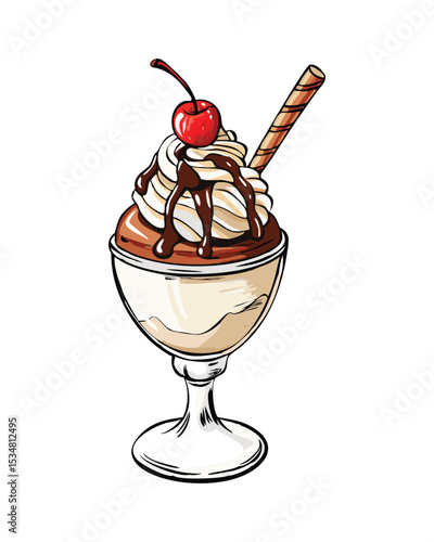 "Delicious Ice Cream Sundae with Chocolate, Cherry, and Waffle Stick"