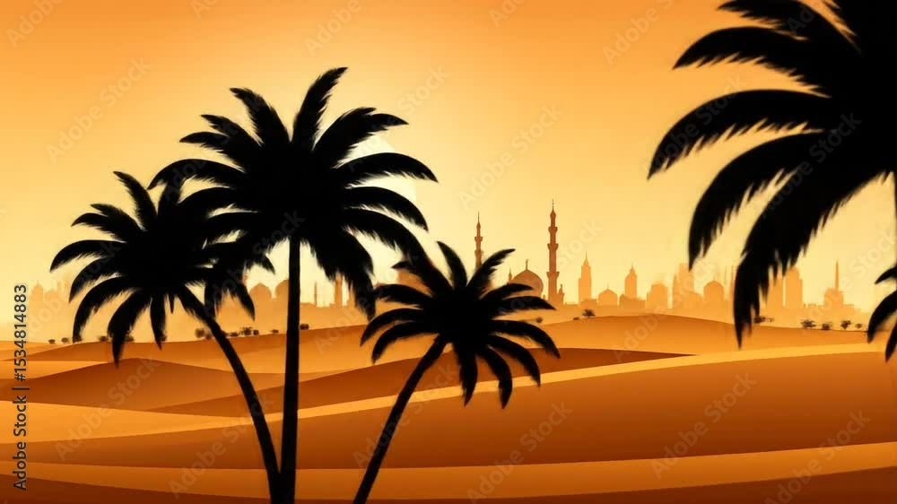 Golden Hour Desert Cityscape With Palm Trees Golden Hour Desert Cityscape With Palm Trees
