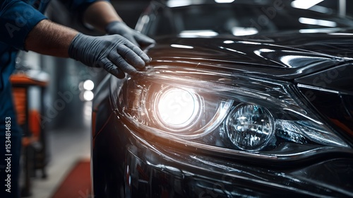 An auto technician carefully repairing and adjusting a car headlight in a professional garage environment