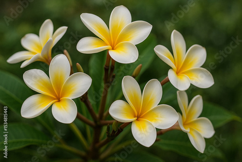 Frangipani flowers captured in full bloom with detailed white petals and yellow centers against a soft green background in nature.