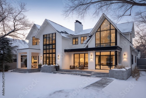 A stately residence in snowy landscape with white facade black trim sharply peaked roofs expansive windows glow warmly