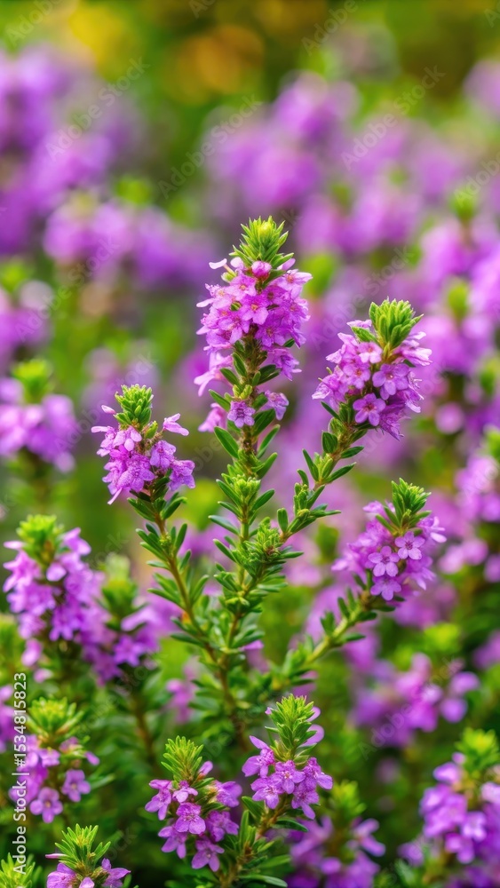 Dense cluster of purple flowers amidst lush green foliage on Heather Cuphea Hyssopifolia plant Dense cluster of purple flowers amidst lush green foliage on Heather Cuphea Hyssopifolia plant