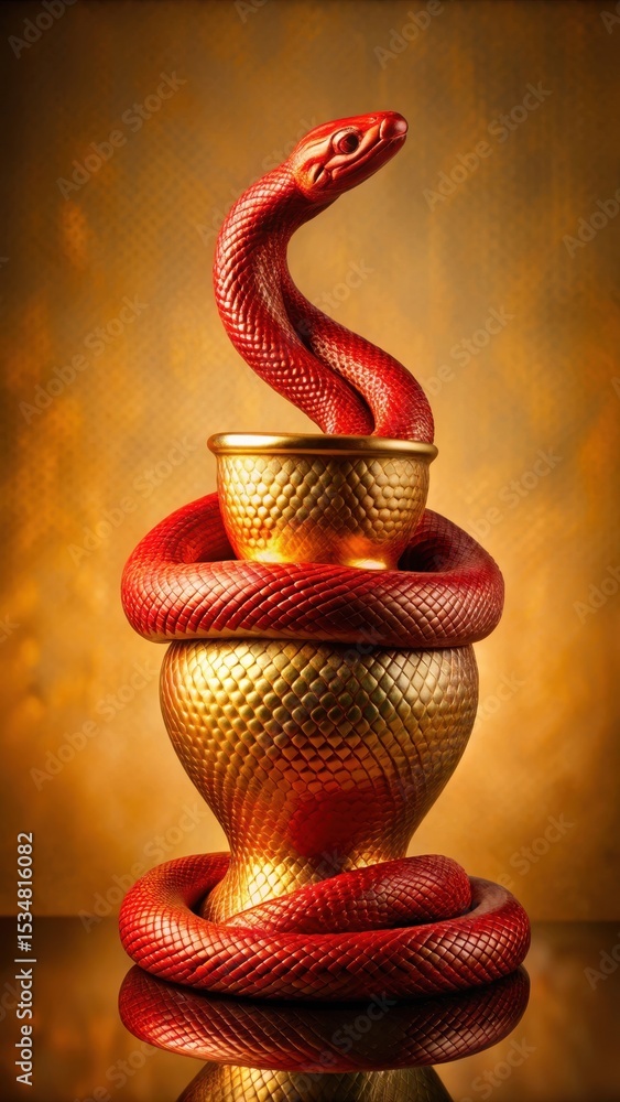 Fototapeta premium A red snake coiled around a gold-colored vase