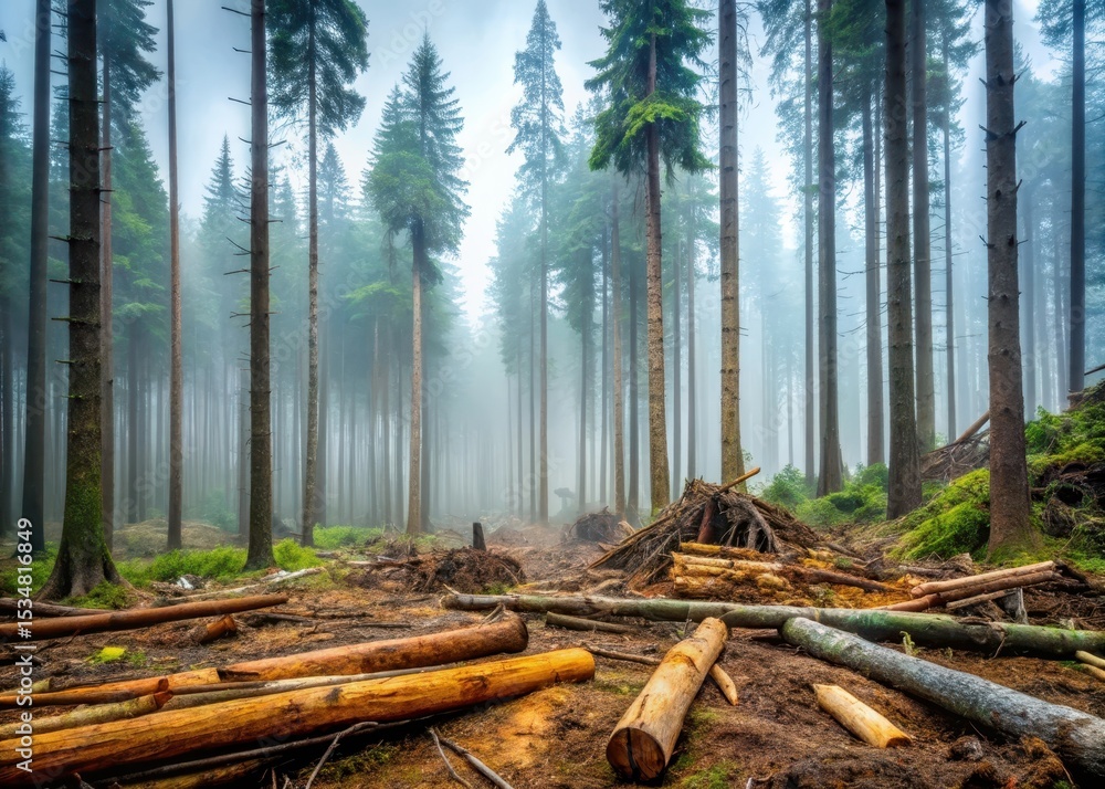 Fototapeta premium Dense cluster of Douglas fir trees towering above a misty forest floor