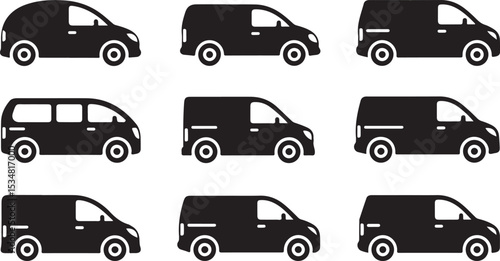 A set of simple, black silhouette icons depicting various van type vector art on white