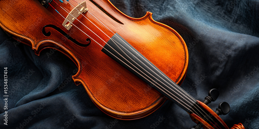 Fototapeta premium Close-up view of a finely crafted violin resting on a dark fabric.