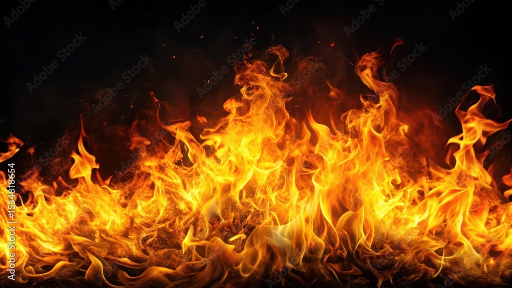 Flames engulfing the night sky with fiery oranges and yellows on a dark black background Flames engulfing the night sky with fiery oranges and yellows on a dark black background