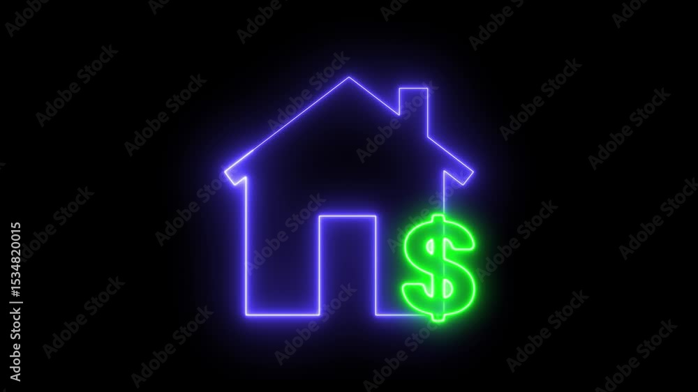 Animated icon of a house with a money sign, neon effect Animated icon of a house with a money sign, neon effect