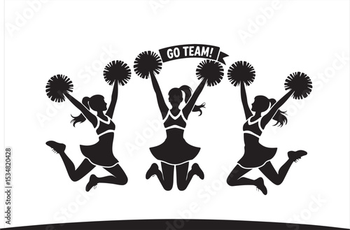 Silhouettes of a Cheer Squad Jumping with Pom-Poms and Go Team Spirit Banner