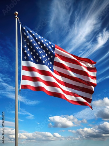 Elegant American flag with stars and stripes waving high in the air