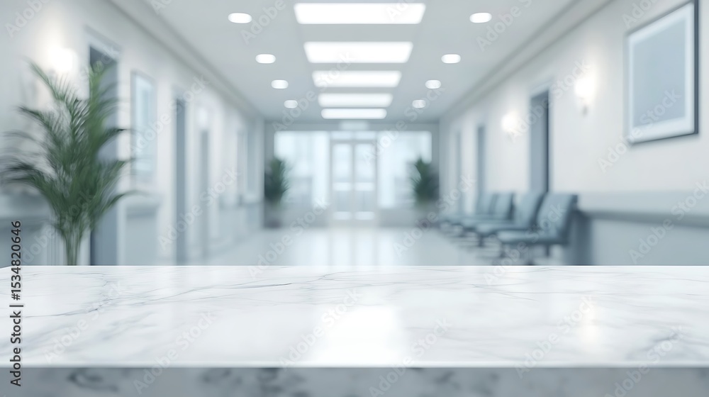Fototapeta premium A pristine marble surface rests in a calm, softly lit hospital hallway, overlooking rows of waiting chairs