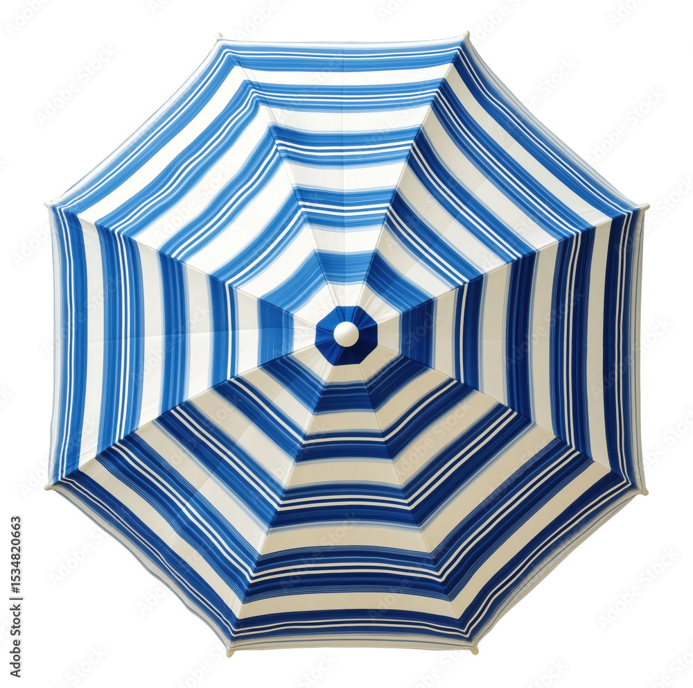 Obraz premium Top view of a striped blue and white beach umbrella isolated on transparent background
