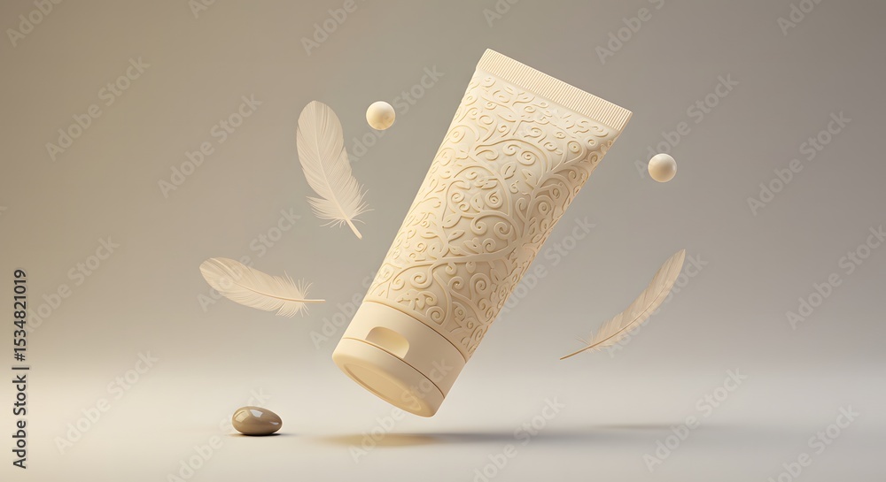 Fototapeta premium Warm ivory tube with overlapping vine and laurel leaf pattern, levitating with clean props and gradient lighting, minimal background, rule of thirds 1.