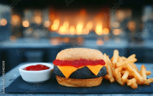Grilled cheeseburger and fries by a fireplace