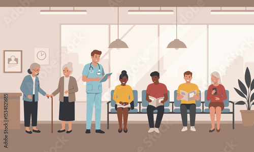 Illustration of Healthcare Workers and Patients in Clinic/Hospital Waiting Room, Ideal for healthcare related content, medical advertising, presentations, and educational materials