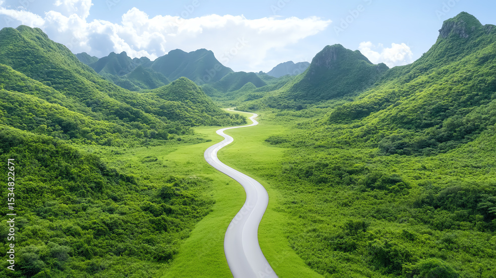 Fototapeta premium A serene view of winding road through lush green mountains under a clear blue sky, perfect for nature lovers and travel enthusiasts.