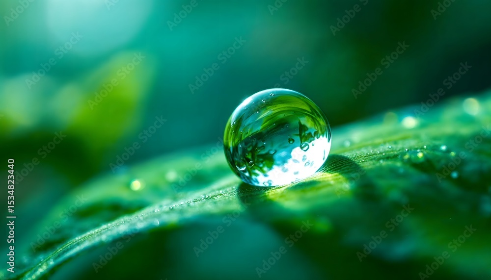 Water droplet rests on a vibrant green leaf in a macro shot Water droplet rests on a vibrant green leaf in a macro shot