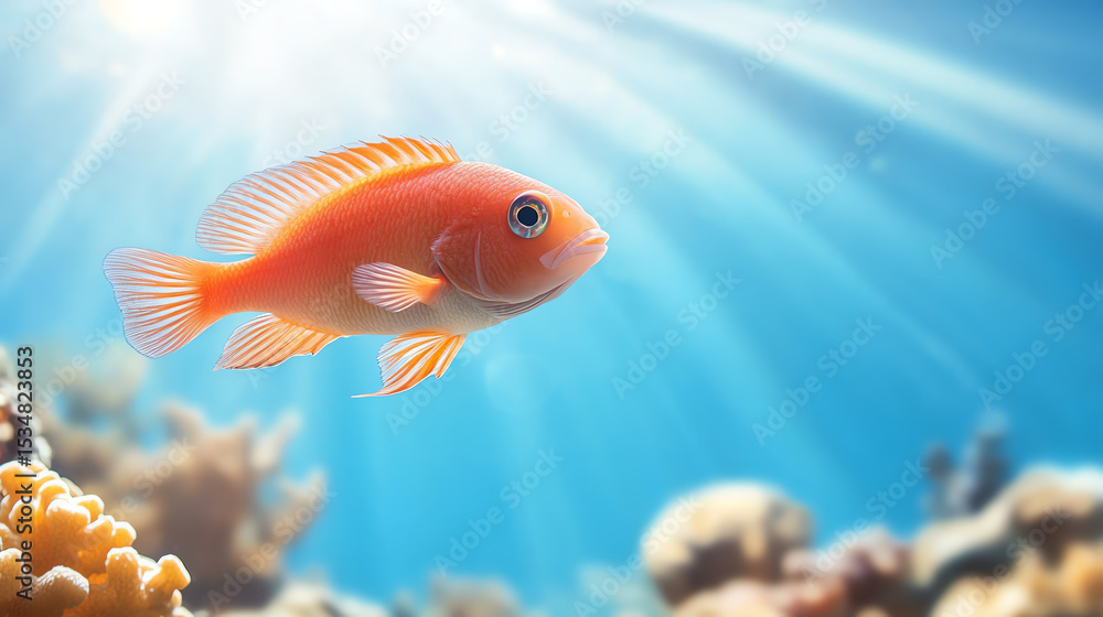 Naklejka premium A vibrant orange fish gracefully swims through clear blue waters, surrounded by colorful coral reefs and sunlit rays.