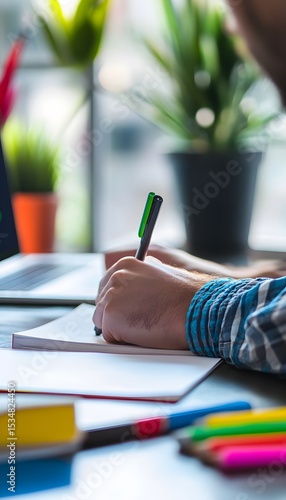 Close-up of hands writing in a notebook.