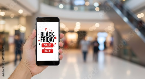 Wallpaper Mural Smartphone mockup with Black Friday sale screen, hand holding phone with blurred shopping mall background 1 Torontodigital.ca