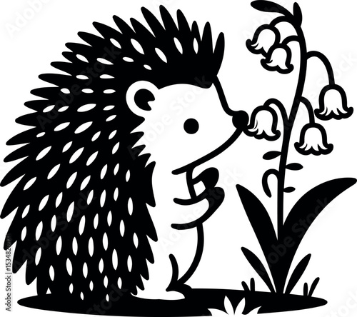 Hedgehog in nature sniffing a Lily of the Valley under soft morning sunlight
