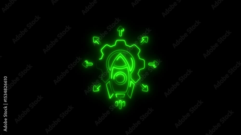 Animated green neon rocket and gear symbolizing launching success on black background Animated green neon rocket and gear symbolizing launching success on black background