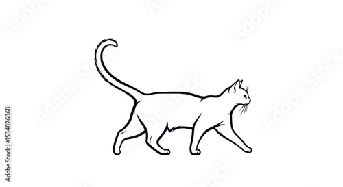 Cartoon White Cat Walking Gracefully with Curved Tail in Simple Background