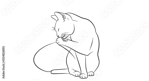Charming Outline Illustration of a Cat Grooming Itself in a Relaxed Posture