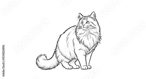 White Fluffy Cat Sitting Elegantly with Curious Expression on Neutral Background