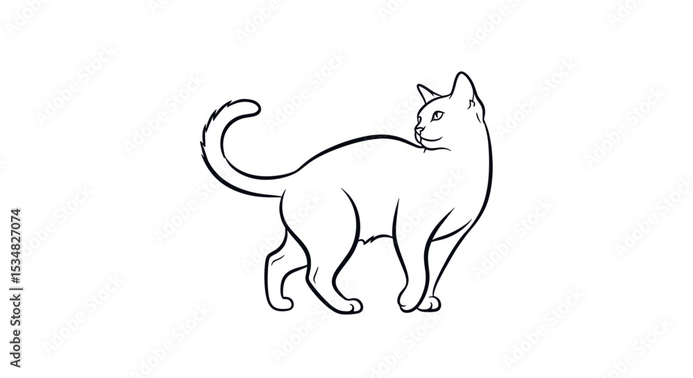 Fototapeta premium Line Drawing of a Graceful Cat Walking Elegantly with Curved Tail and Playful Posture