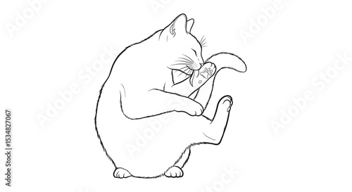 Cute Cartoon Cat Playfully Grooming Its Fur with Paw Raised in a Whimsical Atmosphere