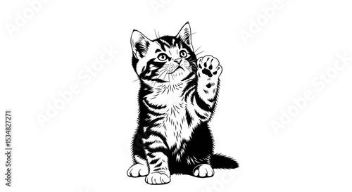 Playful Tabby Kitten Raising Its Paw in a Gesture of Affection and Curiosity