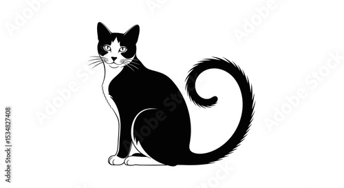Sitting Black and White Cat with a Curled Tail Displaying a Playful Demeanor