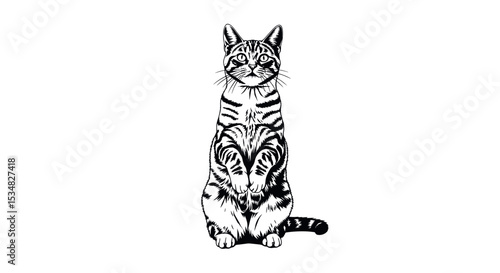 Illustration of a Playful Cat Sitting Upright with Curious Expression and Striped Fur Patterns