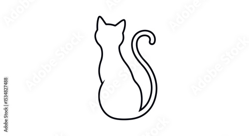 Minimalist Black Outline of a Cat in a Sitting Position with Curled Tail