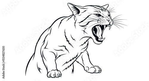Detailed Illustration of a Roaring Big Cat Emphasizing Its Fierce Expression and Dynamic Posture