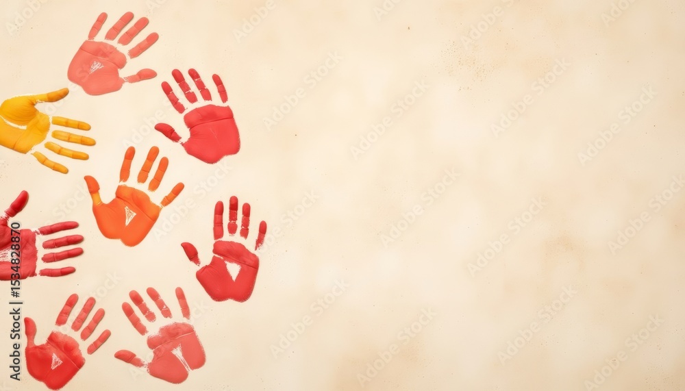 Fototapeta premium Painted handprints in vibrant colors on textured background 