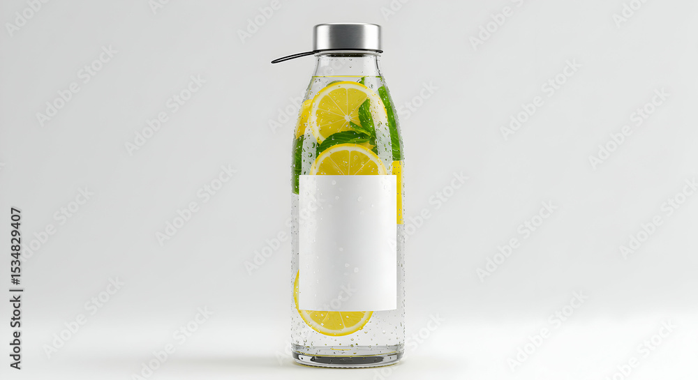 Fototapeta premium Refreshing Lemon Infused Water Bottle Mockup Blank Label Healthy Hydration Summer Drink Beverage Glass Bottle Design Template