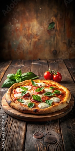 A traditional Italian pizza placed on a dark wooden table with a rustic ambiance