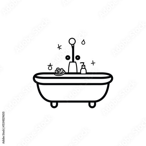 Line Art Bathtub with Faucet, Soap, Washcloth, Water Droplet, and Decorative Symbols