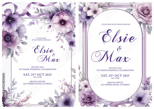 Wedding invitations, each adorned with elegant purple floral arrangements and subtle ribbon accents, set against a crisp white background.