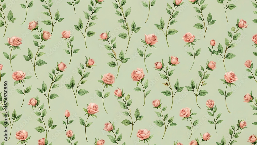 Fototapeta premium Elegant seamless pattern with small rose branches on pale green background