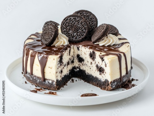 Oreo cheesecake, oozing chocolate drizzle and a circle of Oreo cookies on top, on a white plate against a white background