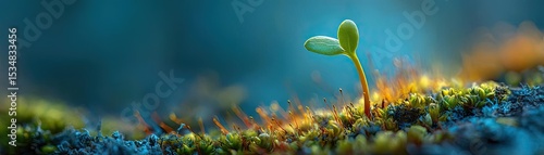 Inner peace journey for relaxation and emotional healing concept. A small plant sprouting from vibrant moss in a serene environment.