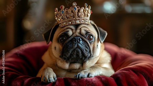 Royal Pug Portrait, captured in a realistic photograph, a regal pug with a tiny, bejeweled crown sits atop a velvet cushion Royal Pug Portrait Banana Kingdom Pup