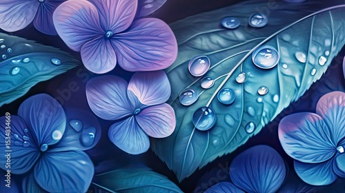 Delicate hydrangea blooms and leaves with dew drops