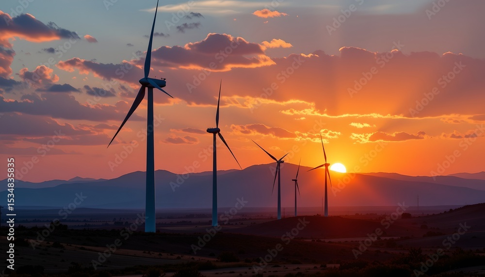 Obraz premium an expansive wind farm under a beautiful sunset, with the golden hue of the sky providing a contrast to the silhouetted turbines