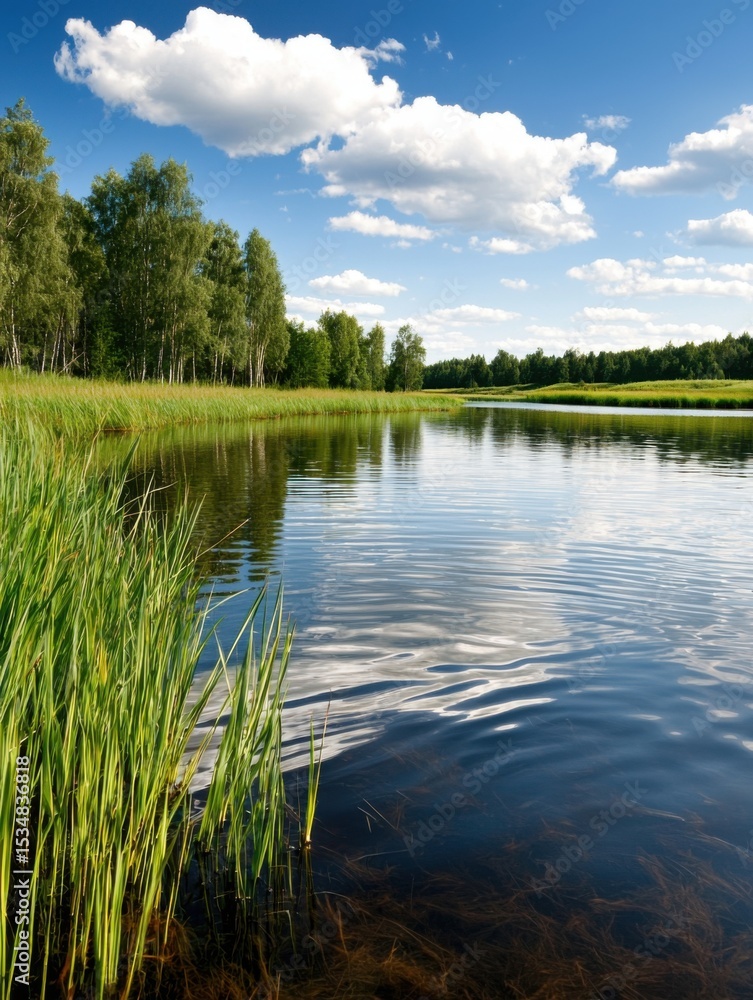 Obraz premium Leeyongjay nature reserve offers tranquil realistic photography scenery with copy space beside lake, framed by lush trees under a bright blue sky with clouds.